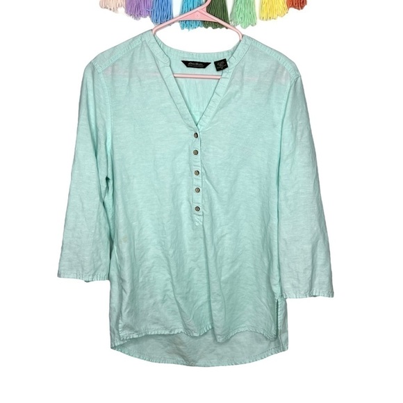 Eddie Bauer Y2K Mint Green Linen 1/2 button 3/4 Sleeve Blouse Shirt Size Medium - Picture 2 of 14